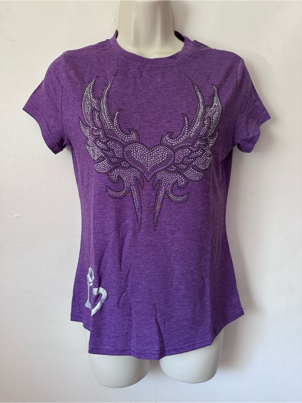 Purple Women's Rhinestone Wing Heart Tee